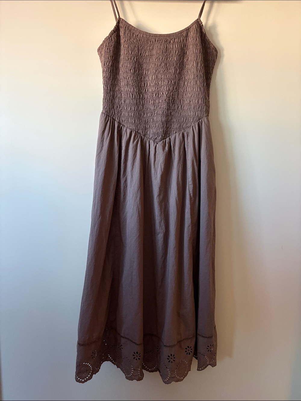 American Eagle Bella Brown Smocked Ballet style Midi Dress with Eyelet Hem